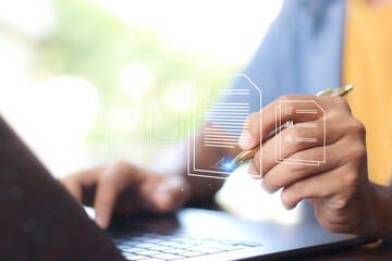 Electronic signature concept, Online business contract Electronic signature, e-signing, digital document management.