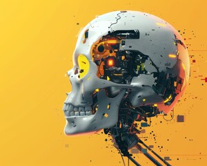 Abstract representation of a skull adorned with cyberpunk elements