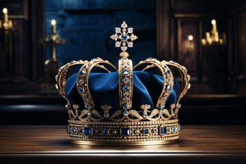 a gold crown with blue gems on a wooden surface