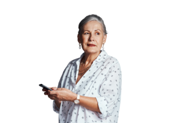 Senior woman, cellphone and thinking of message on social media, connection and mobile app for networking. Mature person, smartphone and relax on retirement and isolated on transparent png background