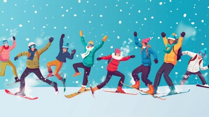 Group of happy snowboarders and skiers having fun and playing snowball
