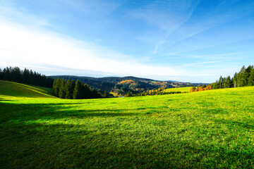 Autumnal landscape near Furtwangen in the Black Forest. Nature with forests and hills.
