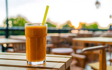 Abstract summer cafe bar lounge blurred background a glass with orange juice on a terrace