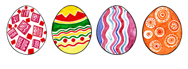 Set of Easter eggs filled with different ornaments in different colors. Isolated on white background. Watercolor drawing, black outline. Geometric ornament. Lines, rhombuses, zigzags, waves, circles.