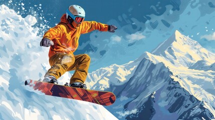 Snowboarder jumps from mountain on sunny day