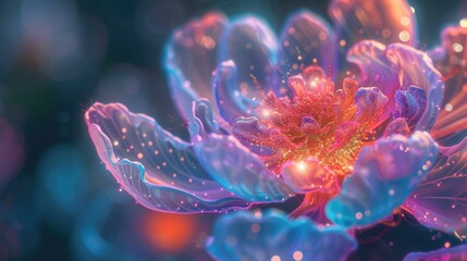 Digital art of a vibrant fantasy flower with glowing edges and sparkling particles on a bokeh background.
