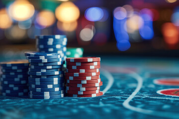 Casino tables with various stacks of poker chips ready for an exciting game with copy space