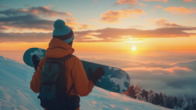 Snowboarder holding snowboard during sunset, winter fun