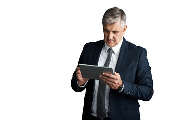 Senior, businessman or tablet for reading email on company merger or acquisition for growth in industry. Mature manager, executive and internet research and isolated on transparent png background