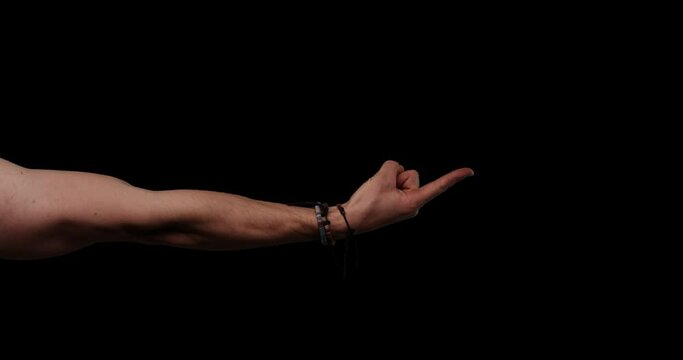 Hand gestures with alpha channel. Seductive "come her" gesture, muscular male arm wearing wristbands, rear side, 3 repetitions