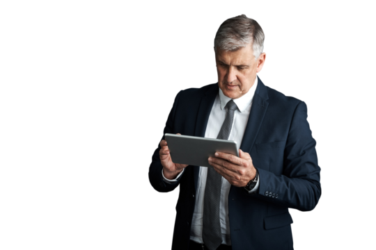 Senior, businessman or tablet for reading email on company merger or acquisition for growth in industry. Mature manager, executive and internet research and isolated on transparent png background