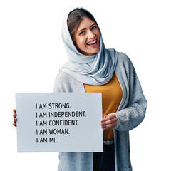 I am me. Smile, muslim and portrait of woman with poster for affirmation, empowerment or...