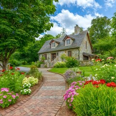 A charming cottage nestled in a lush countryside setting, with colorful flowers blooming in the garden and a winding stone pathway leading to the front door
Free ai image download..