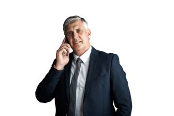 Senior executive, professional man and phone call for deal negotiation and CEO in portrait isolated on png transparent background. Communication, corporate contact and conversation for business