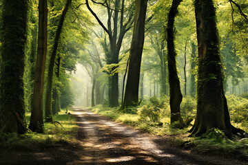 Sunlit Forest Path, A Serene Journey Through Nature, Capturing the Tranquil Beauty of Sunbeams and Foliage