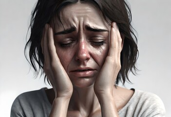 a very scared upset crying woman suffering from domestic abuse - obrazy, fototapety, plakaty