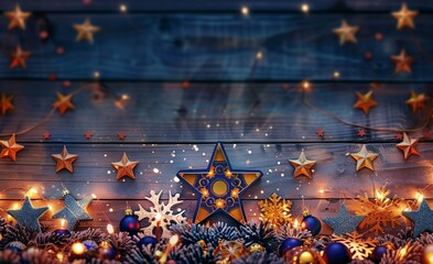 Festive Charm - Christmas Lights and Decorations Sparkle on a Rustic Wooden Canvas. Made with Generative AI Technology