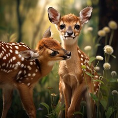 Two young deer in a sun-kissed field surrounded by dandelions.