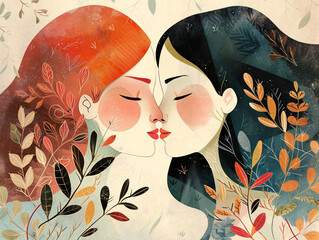 Tender Moment Between Two Women Surrounded by Autumn Foliage in a Stylized Illustration