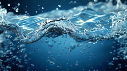 Abstract of clear water splashing with dynamic movement and bubbles on a deep blue background.