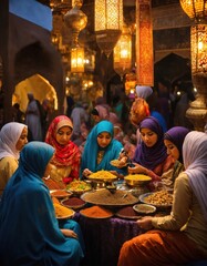 Muslim women at the table with different seasonings, herbs