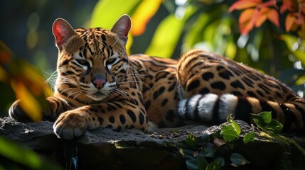 A majestic ocelot lying down on a rock surrounded by lush green foliage in a forest habitat.