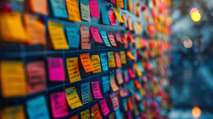 Fototapeta na wymiar Sticky Note Post It Board Office. Business people meeting at office and use post it notes to share idea. Brainstorming concept. Sticky note on glass wall or blackboard. Set of colorful blank notes.