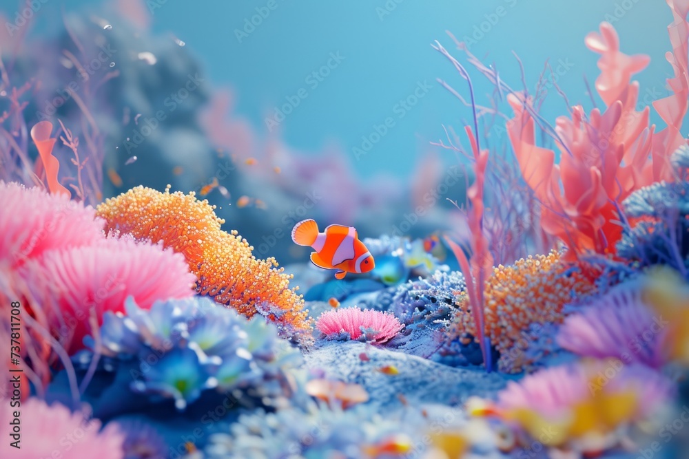 Wall mural vibrant underwater scene with a clownfish among colorful coral reefs, ideal for marine life backgrou