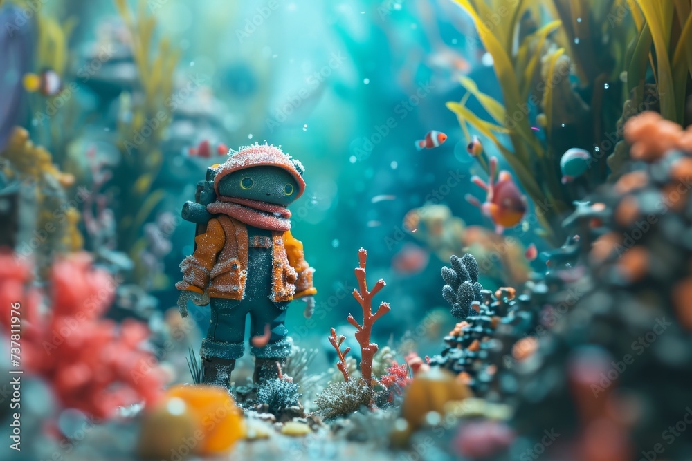 Canvas Prints Miniature astronaut exploring vibrant underwater coral reef scene.