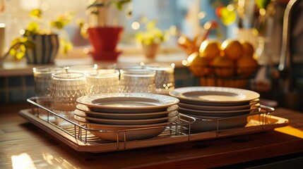 Sunlit kitchen counter with clean dishes drying on a rack.