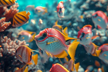 Colorful tropical fish swimming among vibrant coral reefs underwater.