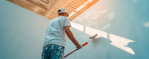 Painter using white roller for wall painting - Powered by Adobe