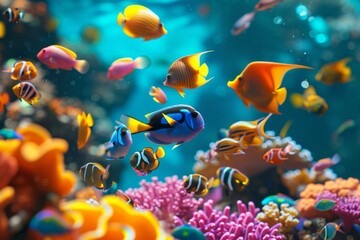 Fototapeta na wymiar Colorful tropical fish swimming among vibrant coral reefs in clear blue water.