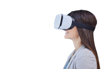 Businesswoman, virtual reality and metaverse with goggles or futuristic meeting, internet or career. Female person, headset and isolated transparent png background with innovation, connect or service