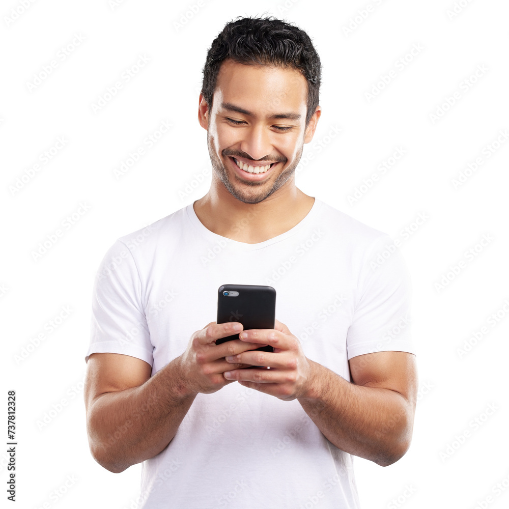 Poster isolated man, phone and texting with smile for web chat, contact or reading by transparent png backg