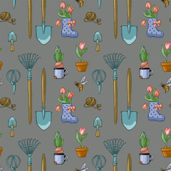 Seamless pattern with spring flowers and garden tools.
