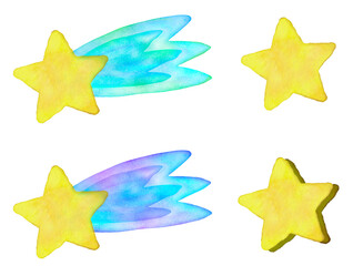 水彩風の流れ星と星のイラストセット