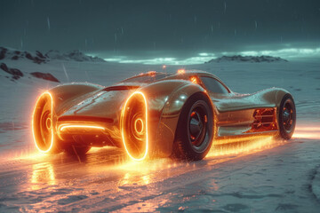 An electrifying gold sports car glides through the snowy terrain, its glowing wheels leaving a...