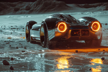 A sleek black sports car navigates through a snowy landscape, its vibrant orange lights...