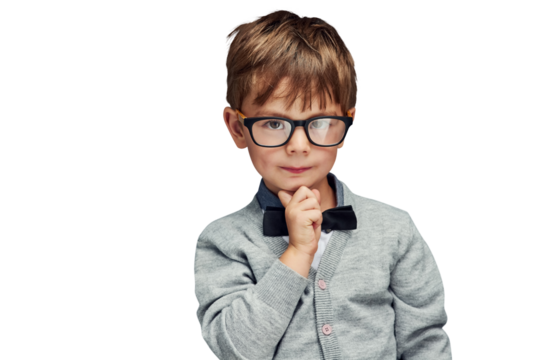 Portrait, young boy or nerd fashion with glasses or confident in trendy clothes with bow tie. Child model, face or thinking in style jersey for kindergarten or isolated on transparent png background - Powered by Adobe