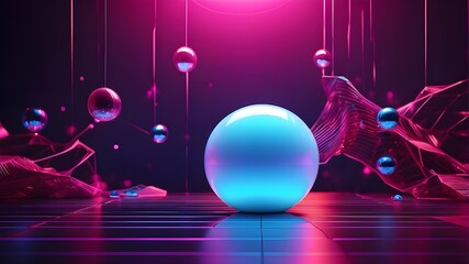 3D Rendering of Glowing Sphere Amid Ultraviolet Lights, Pink and Blue Neon Disco Ball in Abstract 3D Rendering, Glowing Sphere and Neon Lights on Minimalist Background, Abstract 3D Rendering with Lase - obrazy, fototapety, plakaty