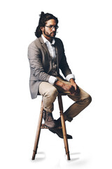 Businessman, chair and fashion of handsome guy on break or waiting on a transparent PNG background....