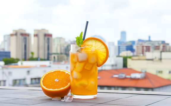 Cocktail with orange and ice on the background of the city