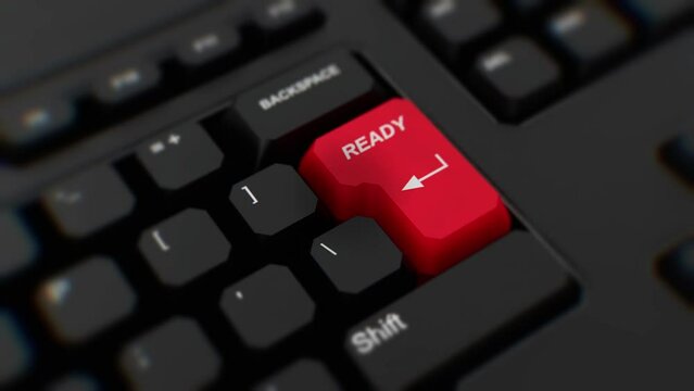 Ready go red button on keyboard. A finger presses Ready. Click Ready. Realistic keyboard button. Red button Ready to push. Set for action. Keyboard with unique word to press. Close-up CGI