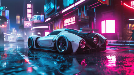 A sleek supercar glides through the rain-soaked city streets, its glistening white body reflecting the lights of the surrounding buildings, embodying both power and luxury in its automotive design