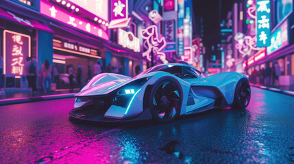 Under the glow of city lights, a sleek white supercar roars down the street, its powerful wheels propelling it towards the towering buildings ahead - obrazy, fototapety, plakaty