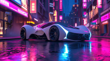 An exquisite supercar glides through the slick city streets, its sleek design and powerful wheels commanding attention on the dark, rainy night