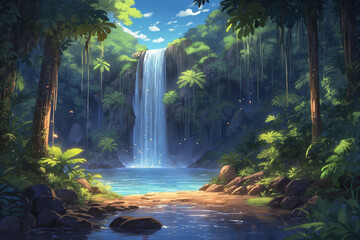 At night in the middle of a tropical forest next to a waterfall, quiet without people