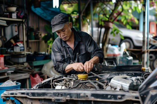 Old Asian man working on car engine at home