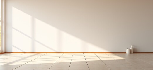 a white wall with brown trim and tile floor - obrazy, fototapety, plakaty